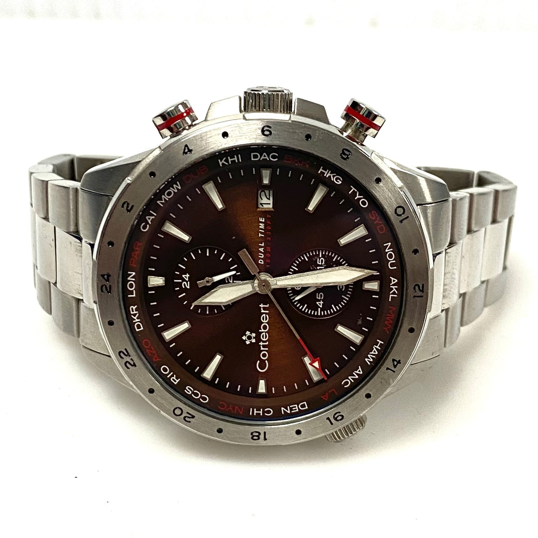 w147 Cortébert Elevation WorldTime CB-3008-33 "Cocoa" Stainless Steel Men' Watch