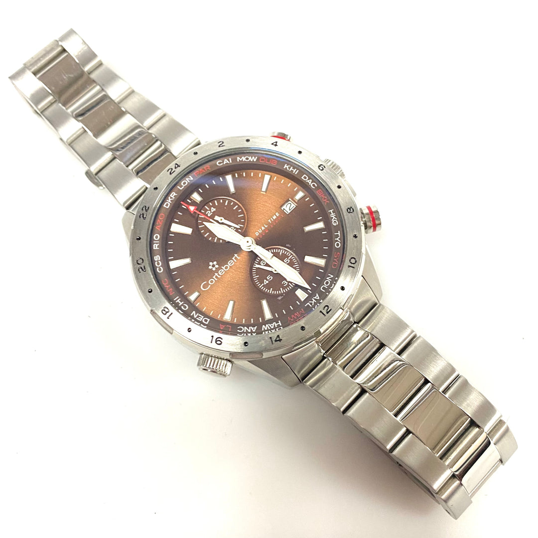 w147 Cortébert Elevation WorldTime CB-3008-33 "Cocoa" Stainless Steel Men' Watch