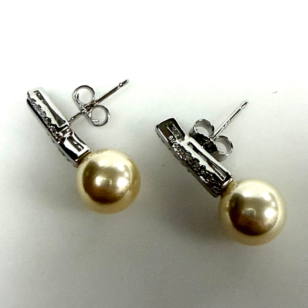 w153 Vintage Sterling Silver Golden Pearl and Small Pavé Accent Stone Earrings