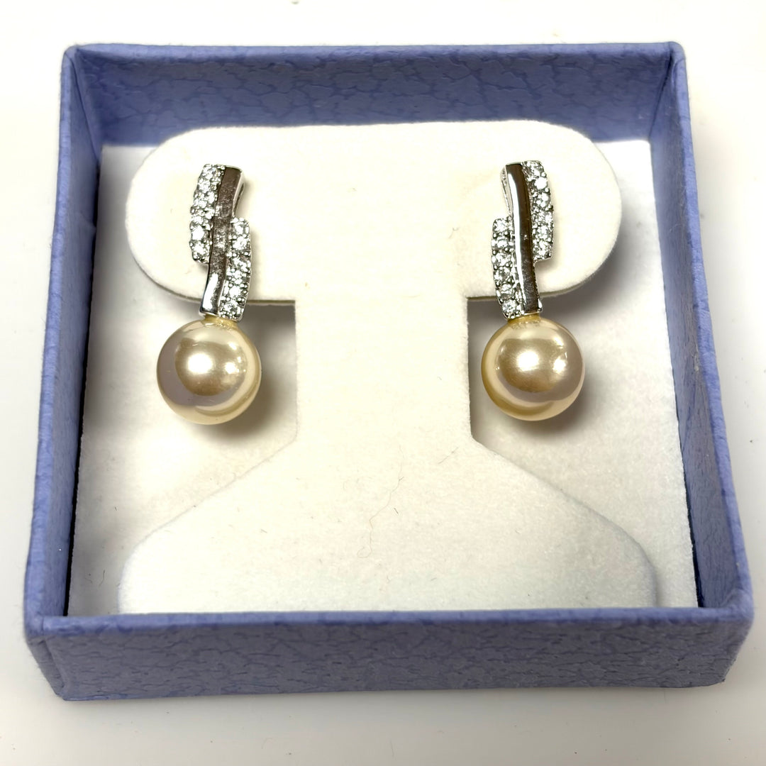 w153 Vintage Sterling Silver Golden Pearl and Small Pavé Accent Stone Earrings