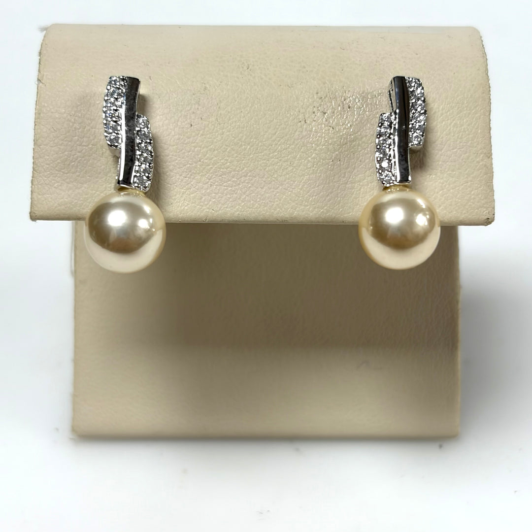 w153 Vintage Sterling Silver Golden Pearl and Small Pavé Accent Stone Earrings