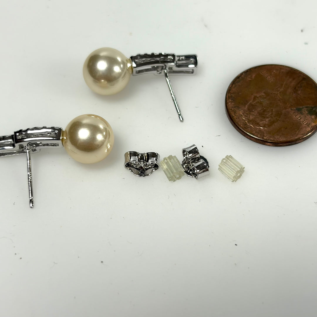 w153 Vintage Sterling Silver Golden Pearl and Small Pavé Accent Stone Earrings