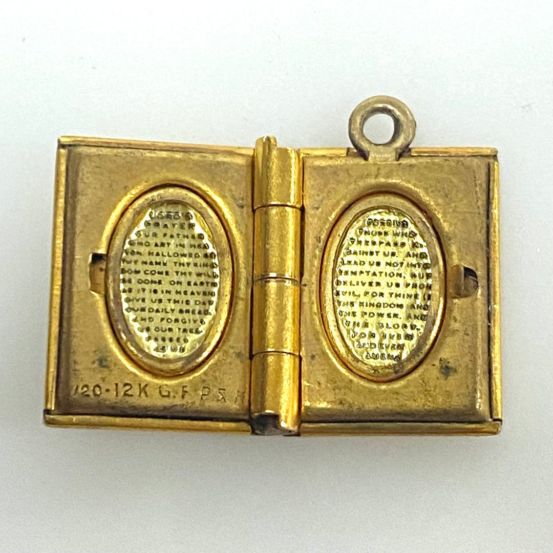 w159 Vintage Gold filled Book Shape Locket Religious Pendant Raised Cross Charm