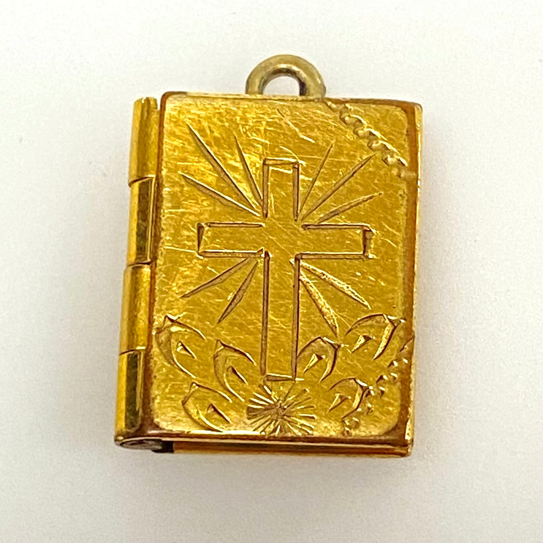 w159 Vintage Gold filled Book Shape Locket Religious Pendant Raised Cross Charm