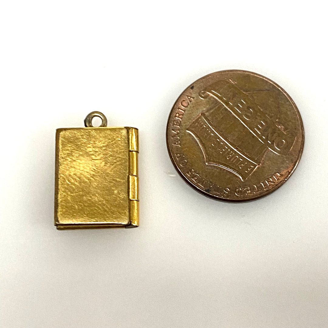 w159 Vintage Gold filled Book Shape Locket Religious Pendant Raised Cross Charm