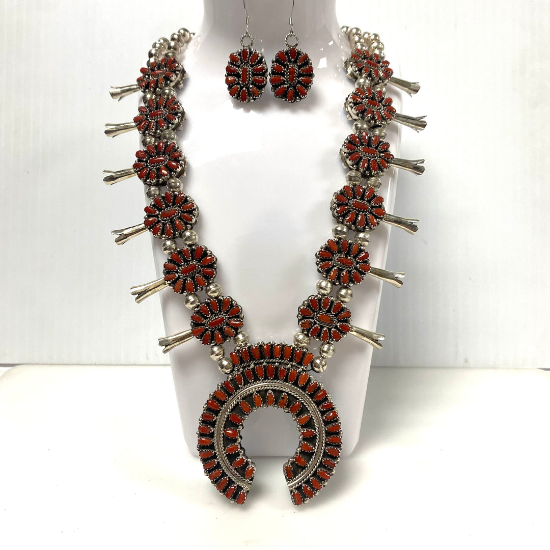 w160 Native American-style Sterling Silver Turquoise Coral Cluster Squash Blossom Necklace & Earrings Reversible 3pc Set