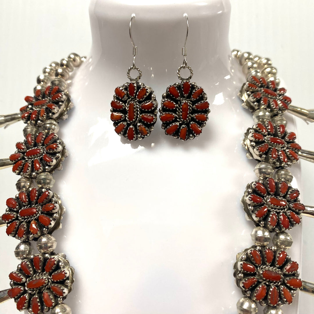 w160 Native American-style Sterling Silver Turquoise Coral Cluster Squash Blossom Necklace & Earrings Reversible 3pc Set