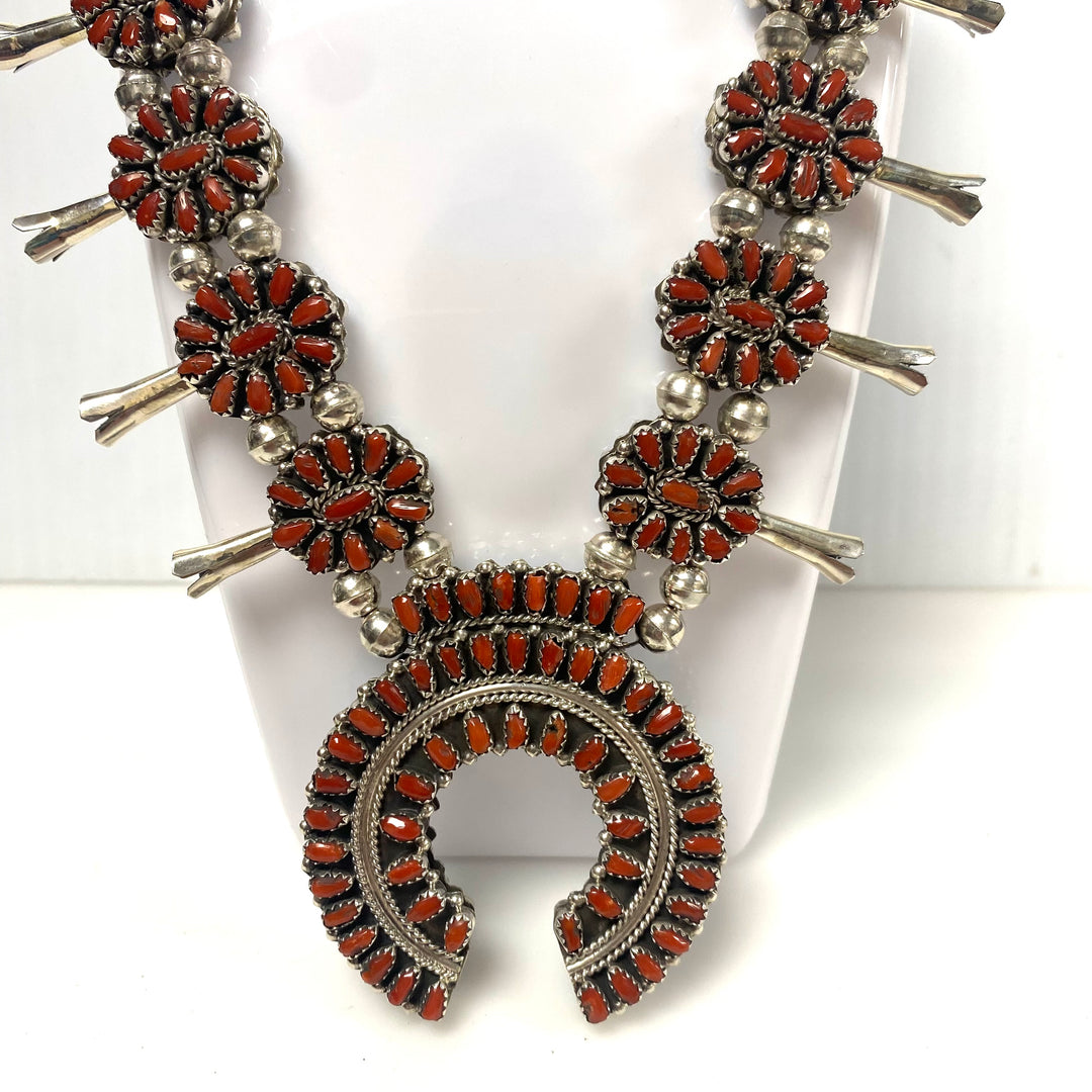 w160 Native American-style Sterling Silver Turquoise Coral Cluster Squash Blossom Necklace & Earrings Reversible 3pc Set