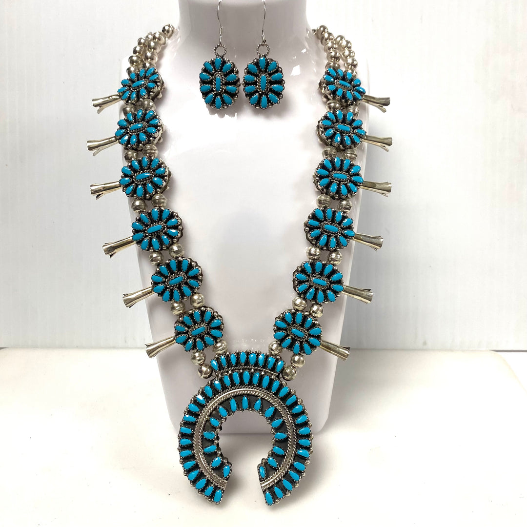 w160 Native American-style Sterling Silver Turquoise Coral Cluster Squash Blossom Necklace & Earrings Reversible 3pc Set