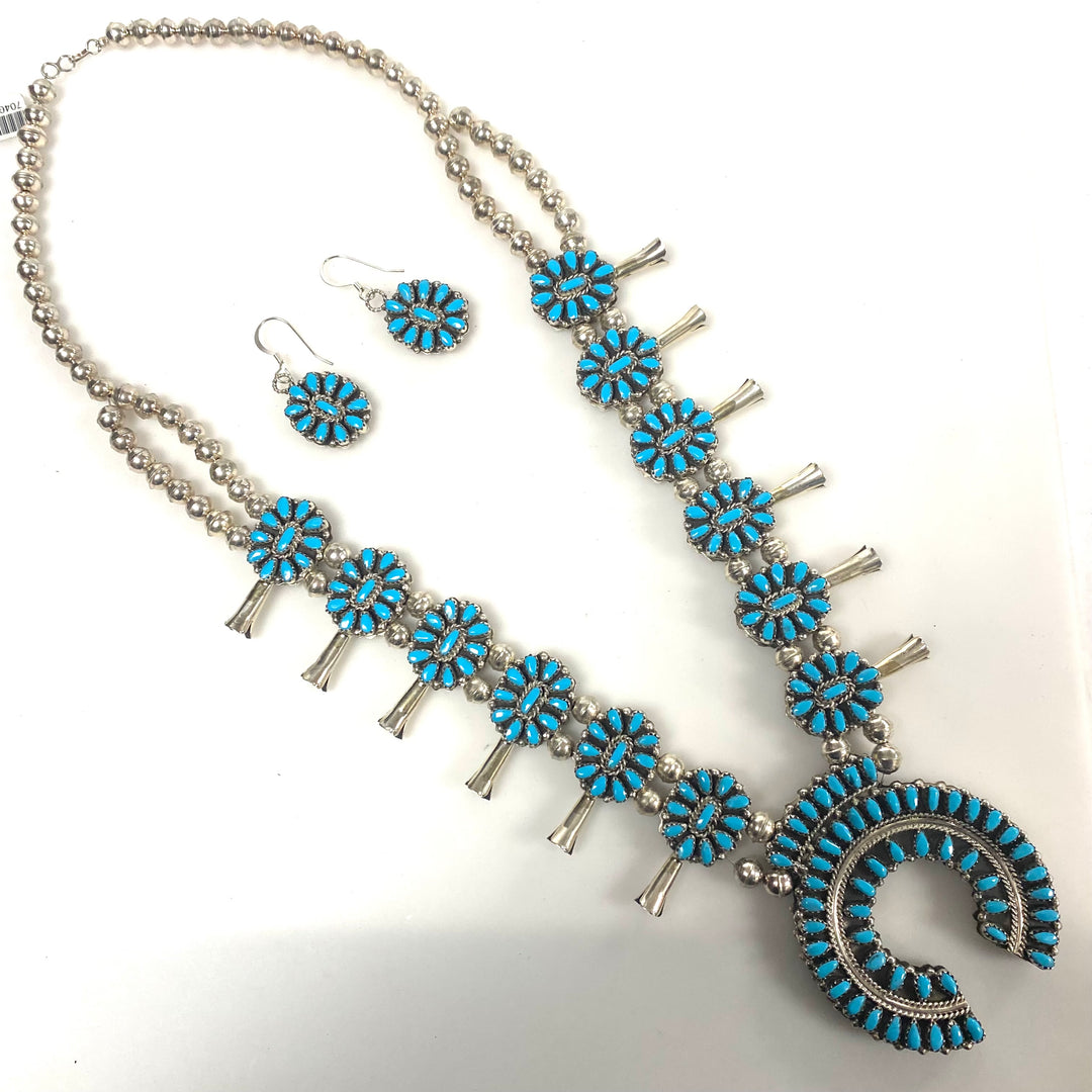 w160 Native American-style Sterling Silver Turquoise Coral Cluster Squash Blossom Necklace & Earrings Reversible 3pc Set
