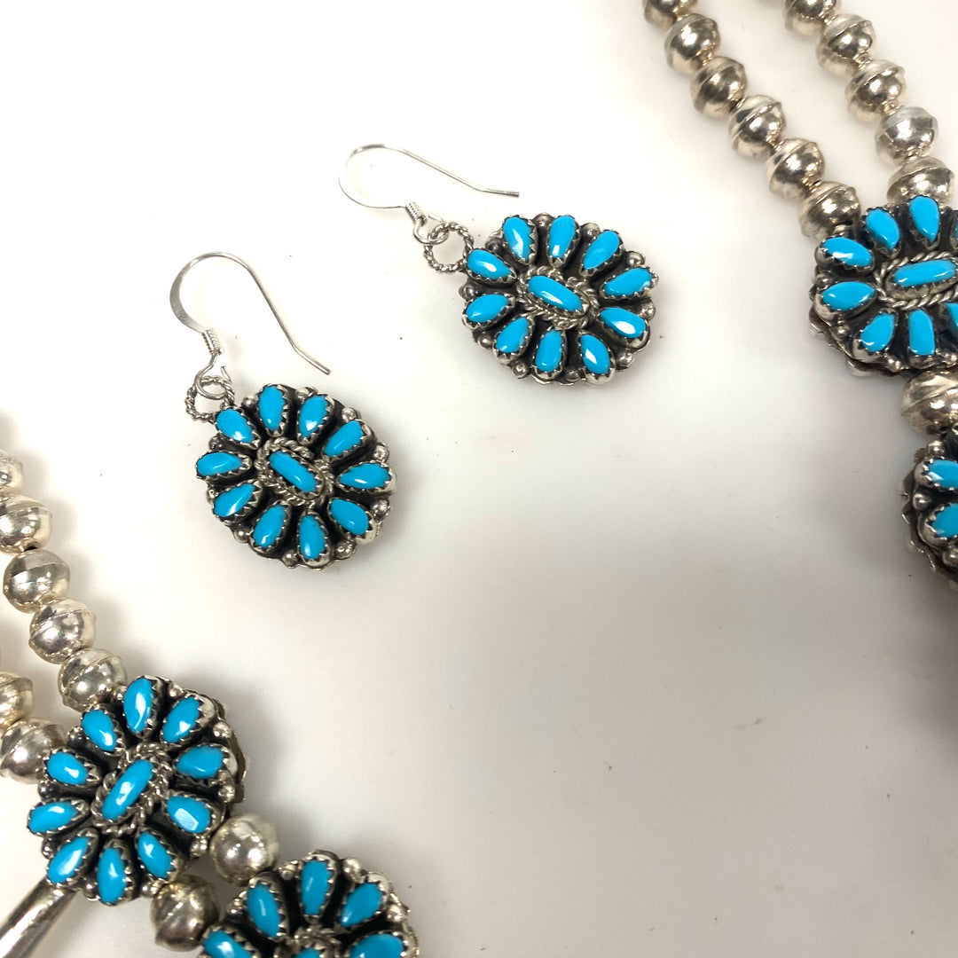 w160 Native American-style Sterling Silver Turquoise Coral Cluster Squash Blossom Necklace & Earrings Reversible 3pc Set