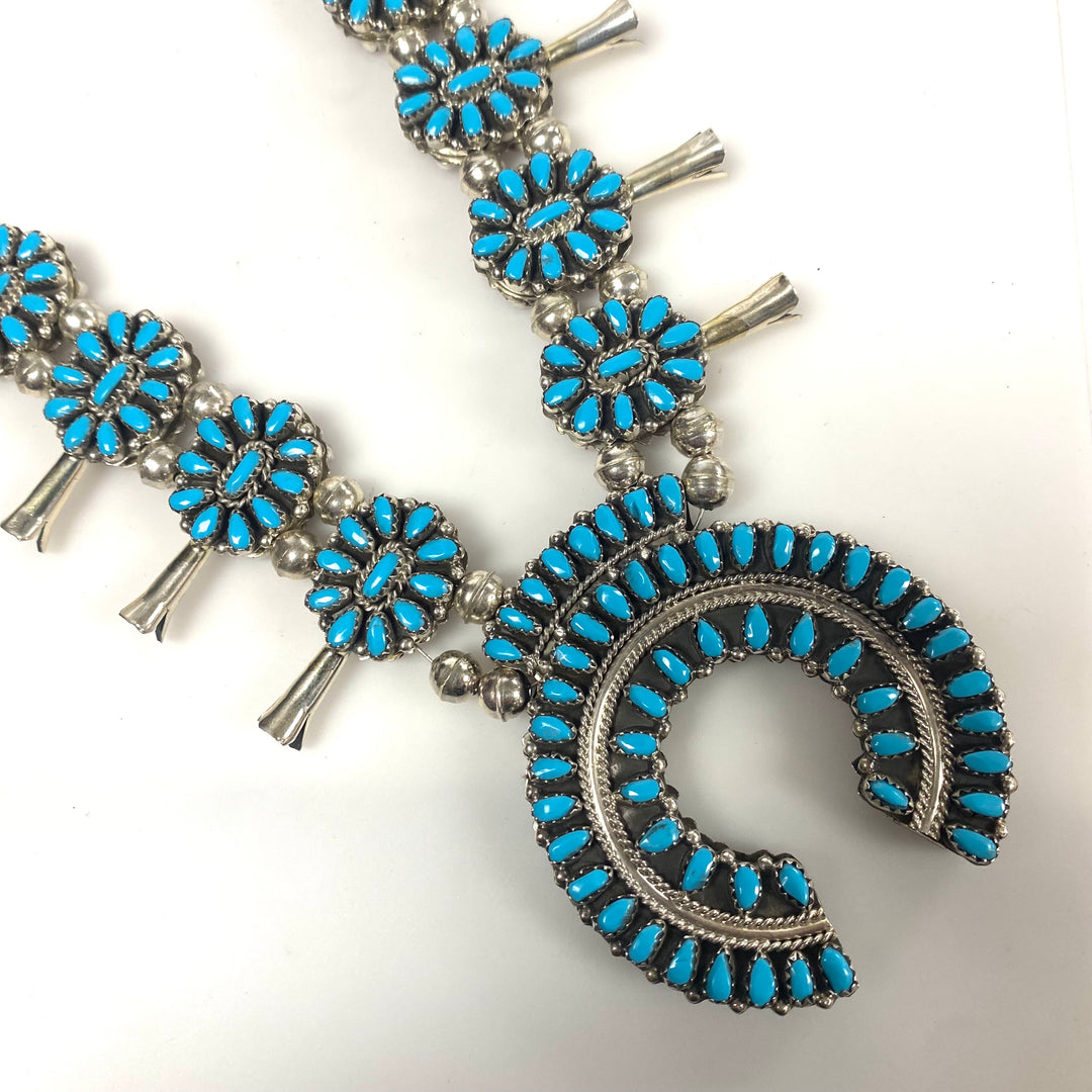 w160 Native American-style Sterling Silver Turquoise Coral Cluster Squash Blossom Necklace & Earrings Reversible 3pc Set