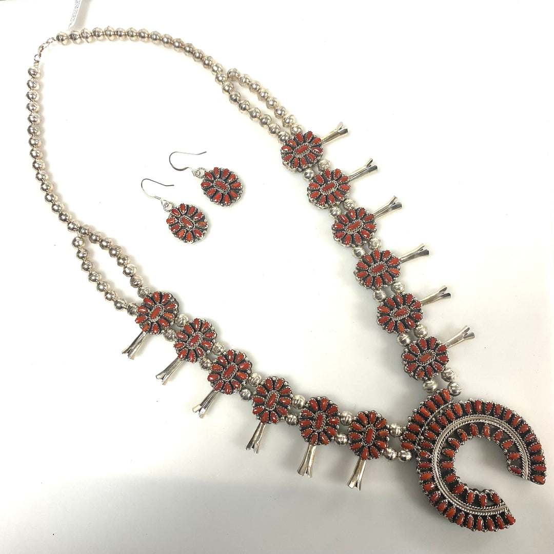 w160 Native American-style Sterling Silver Turquoise Coral Cluster Squash Blossom Necklace & Earrings Reversible 3pc Set