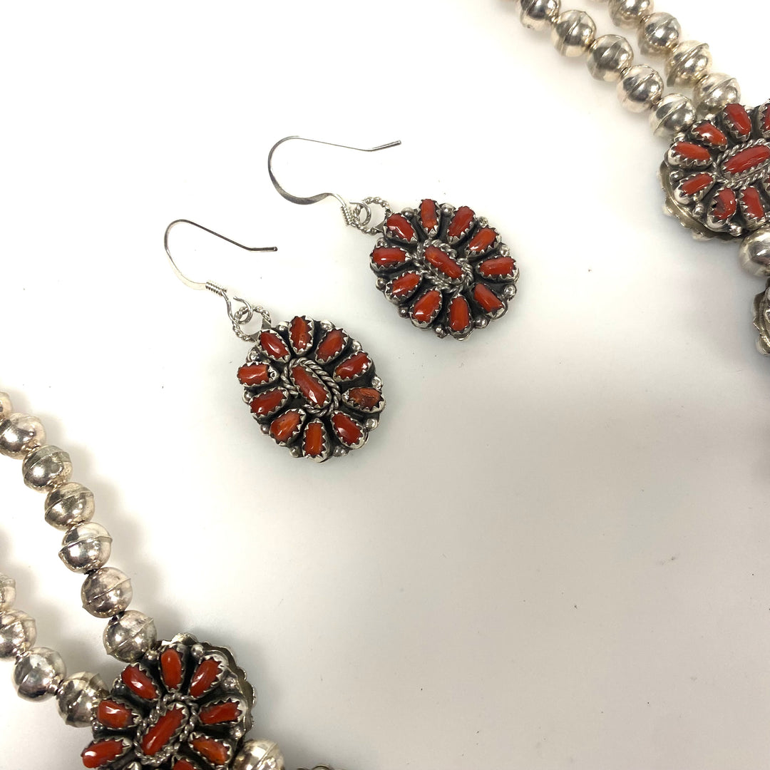 w160 Native American-style Sterling Silver Turquoise Coral Cluster Squash Blossom Necklace & Earrings Reversible 3pc Set