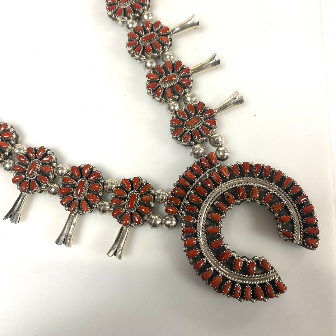 w160 Native American-style Sterling Silver Turquoise Coral Cluster Squash Blossom Necklace & Earrings Reversible 3pc Set