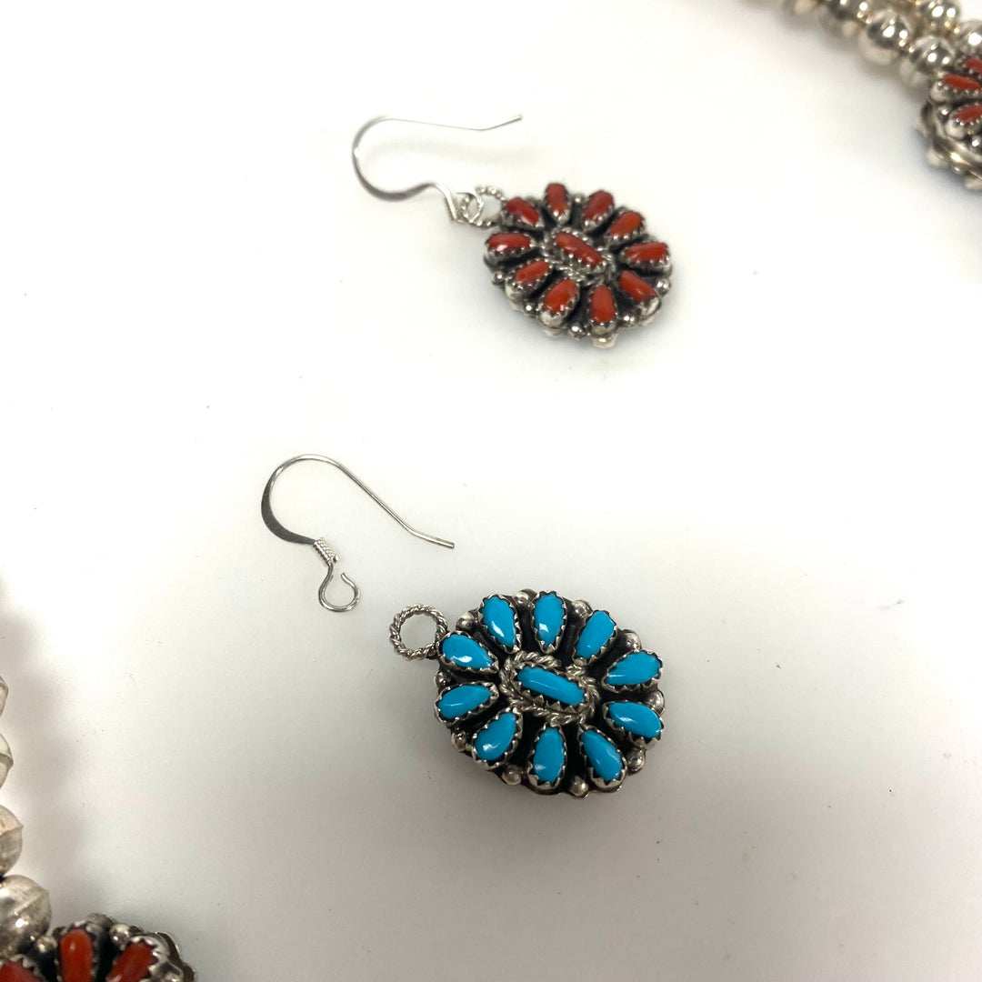 w160 Native American-style Sterling Silver Turquoise Coral Cluster Squash Blossom Necklace & Earrings Reversible 3pc Set