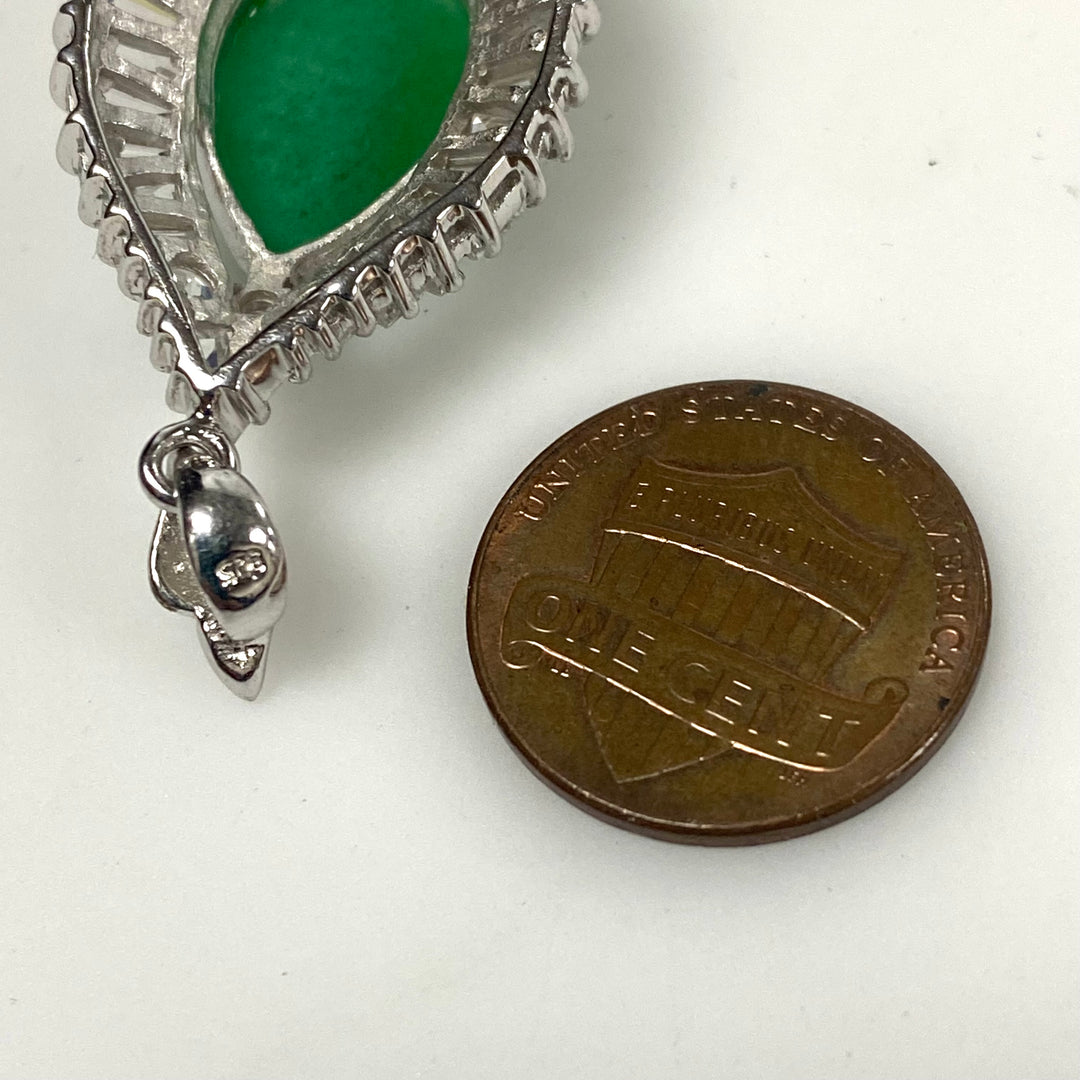 w161 Vintage Sterling Silver Teardrop-shaped Green Jade & CZ Cabochon Pendant