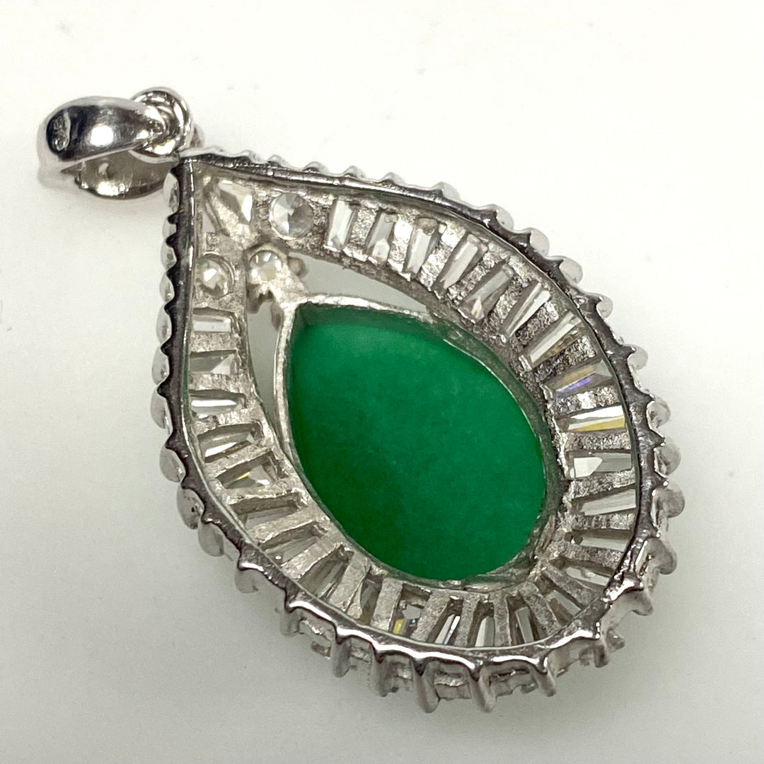w161 Vintage Sterling Silver Teardrop-shaped Green Jade & CZ Cabochon Pendant