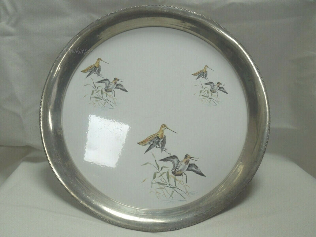 q730 Vintage Silver Plate Tray Etched Hummingbird inlay Design 13" Round Serving Tray or Display