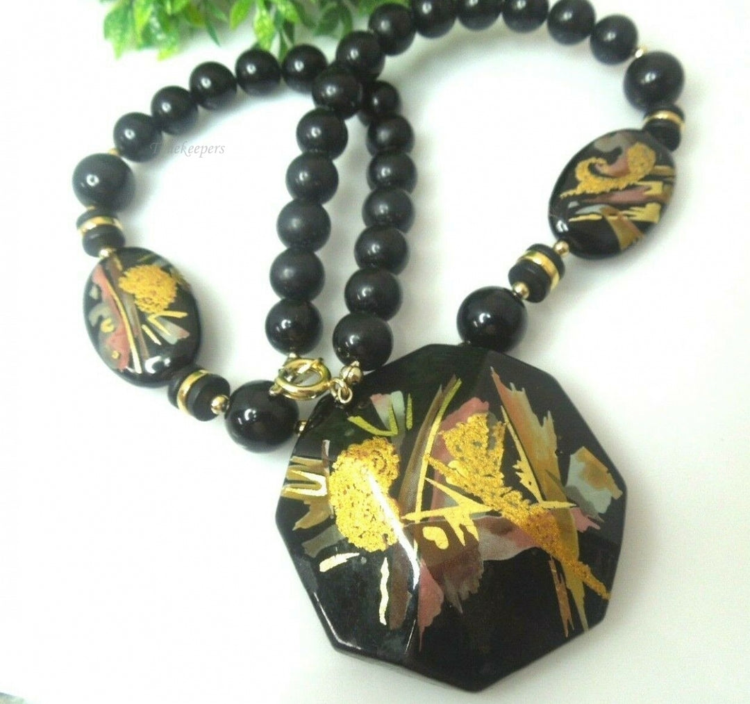 q592 Vintage Black Beaded Necklace Japan Signed Pendant Gold Accents Estate 18"