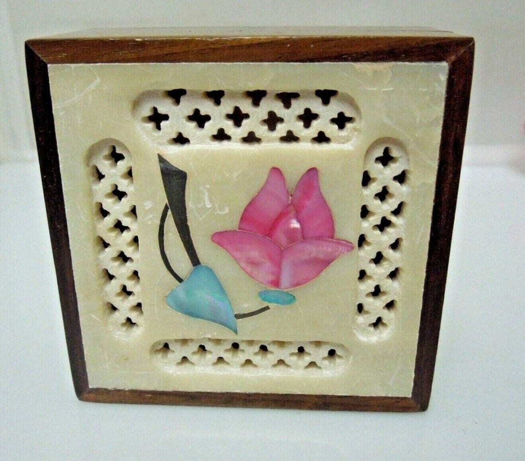 r745 Vintage Wooden Marble top Hand Carved Enamel Trinket Box Made In India