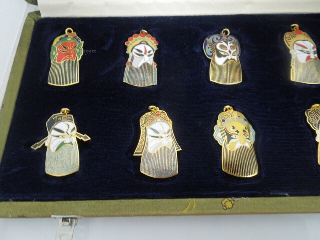 r428 Vintage Enamel Chinese Opera Mask Peking Jewelry Pendant Gold Tone Set of 10 - In Silk Case