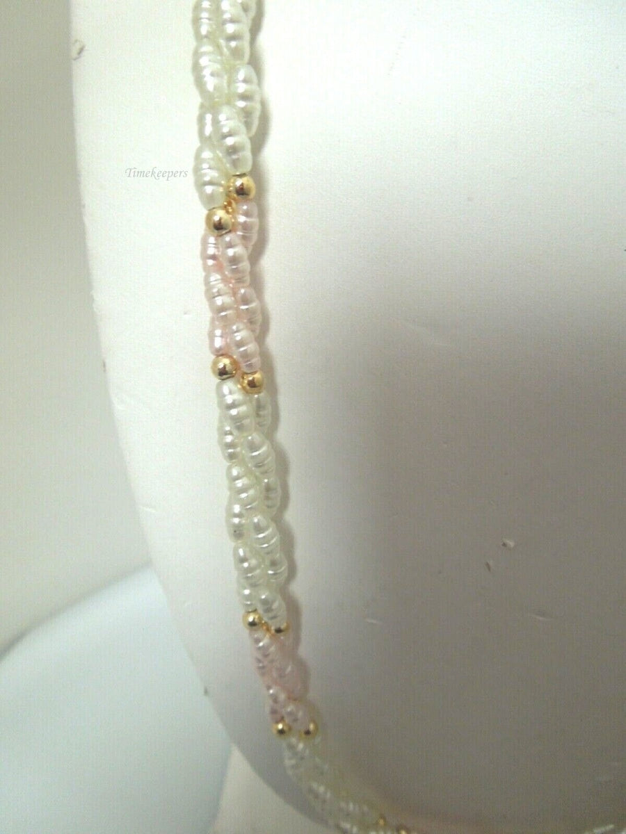s067 Costume Jewelry Pink and White Faux Pearl Braided Beaded Necklace