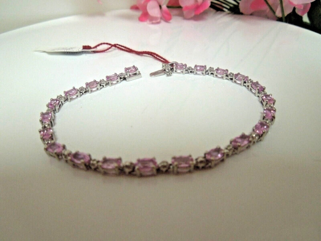 r934 14kt White Gold Pink Stone Tennis Bracelet 7" /7.5g