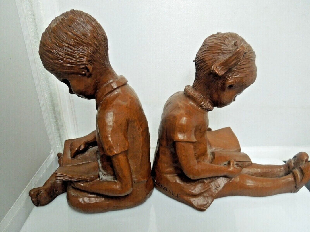 r587 Vintage Pair Statue Somerville Red Mill Pecan Shell Girl Boy Reading Bookends