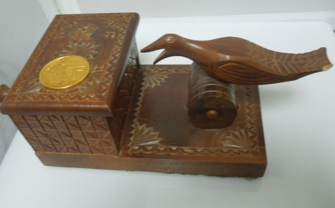 r747 Vintage Wooden Cigar Box, Cigarette Holder, Wood Carving Box with Mechanical Bird.
