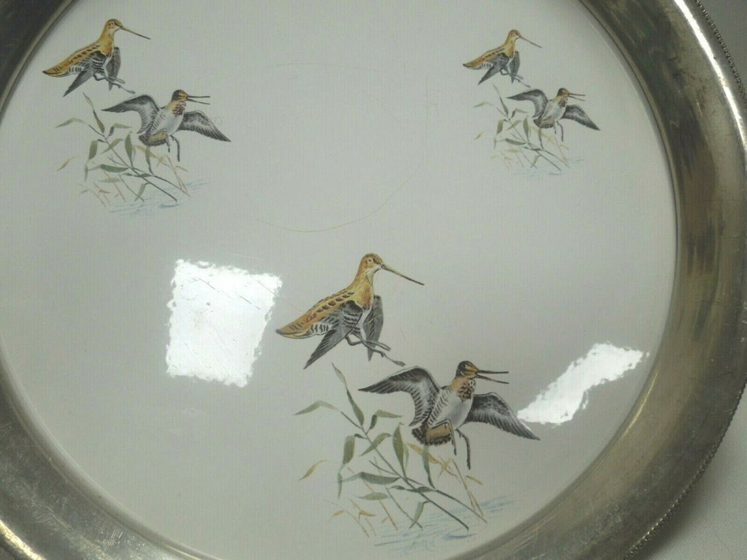 q730 Vintage Silver Plate Tray Etched Hummingbird inlay Design 13" Round Serving Tray or Display