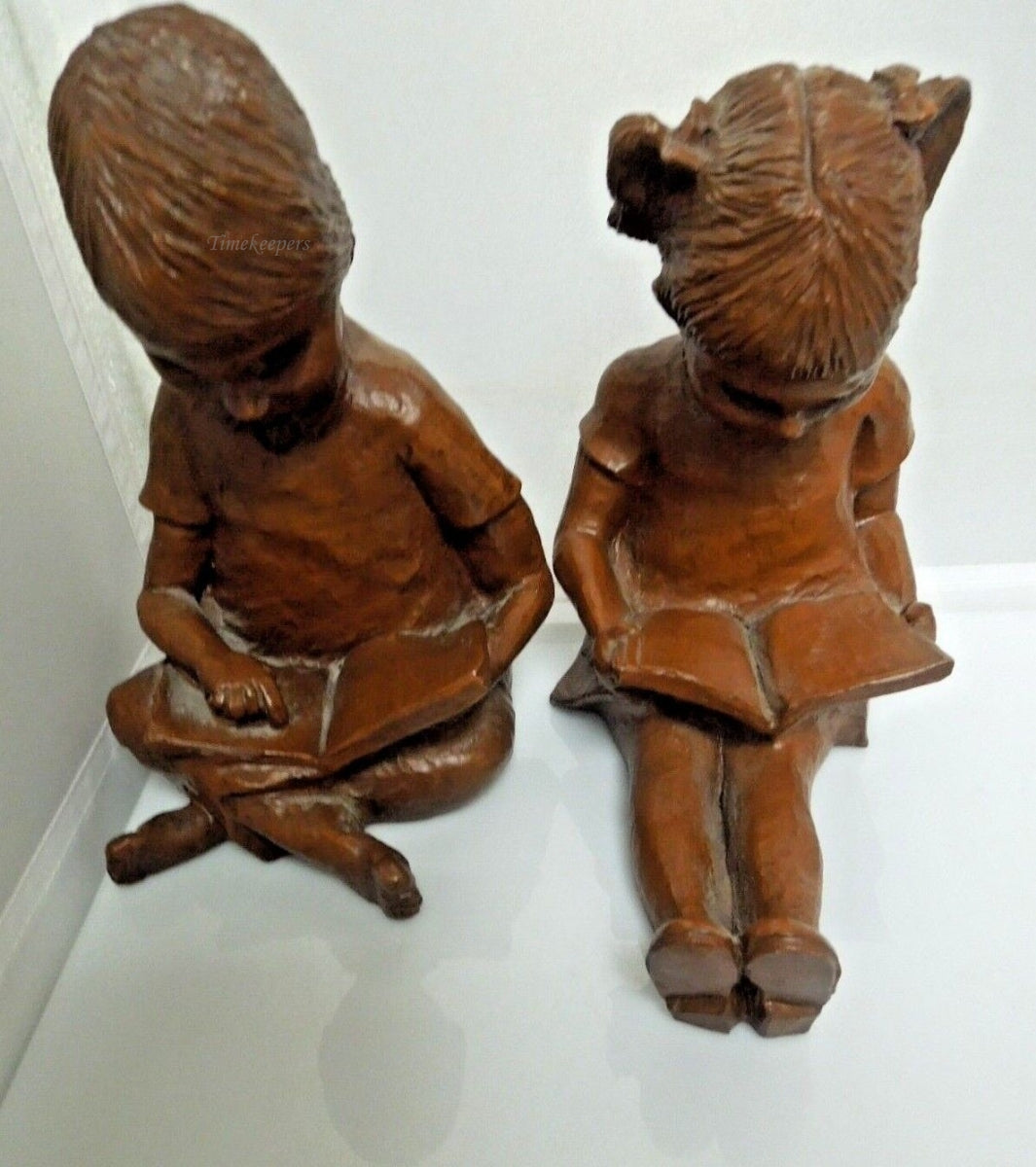 r587 Vintage Pair Statue Somerville Red Mill Pecan Shell Girl Boy Reading Bookends