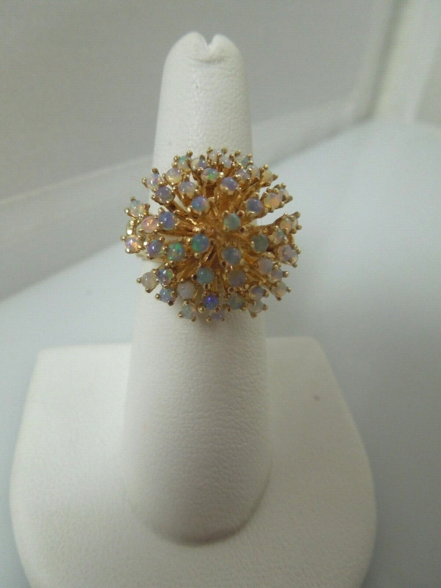 r499 Vintage 14kt Yellow Gold Natural Opal Filigree DOME Ring BIG Signed 6 1/4 (USA)