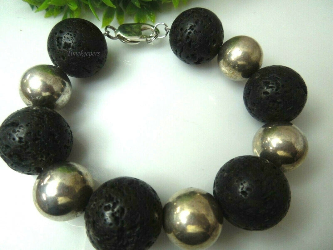 q612 Genuine Natural Black Earthminded Lava Lucky Stone and Silver Balls Bracelet Size 8"