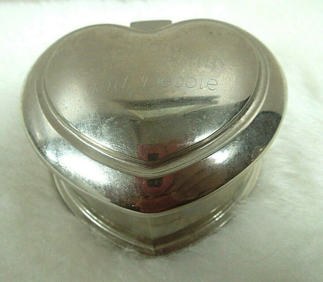 q860 Vintage Metal Jewelry Trinket Heart Box Dark Blue Velvet Lining Silver Tone Engraved Name