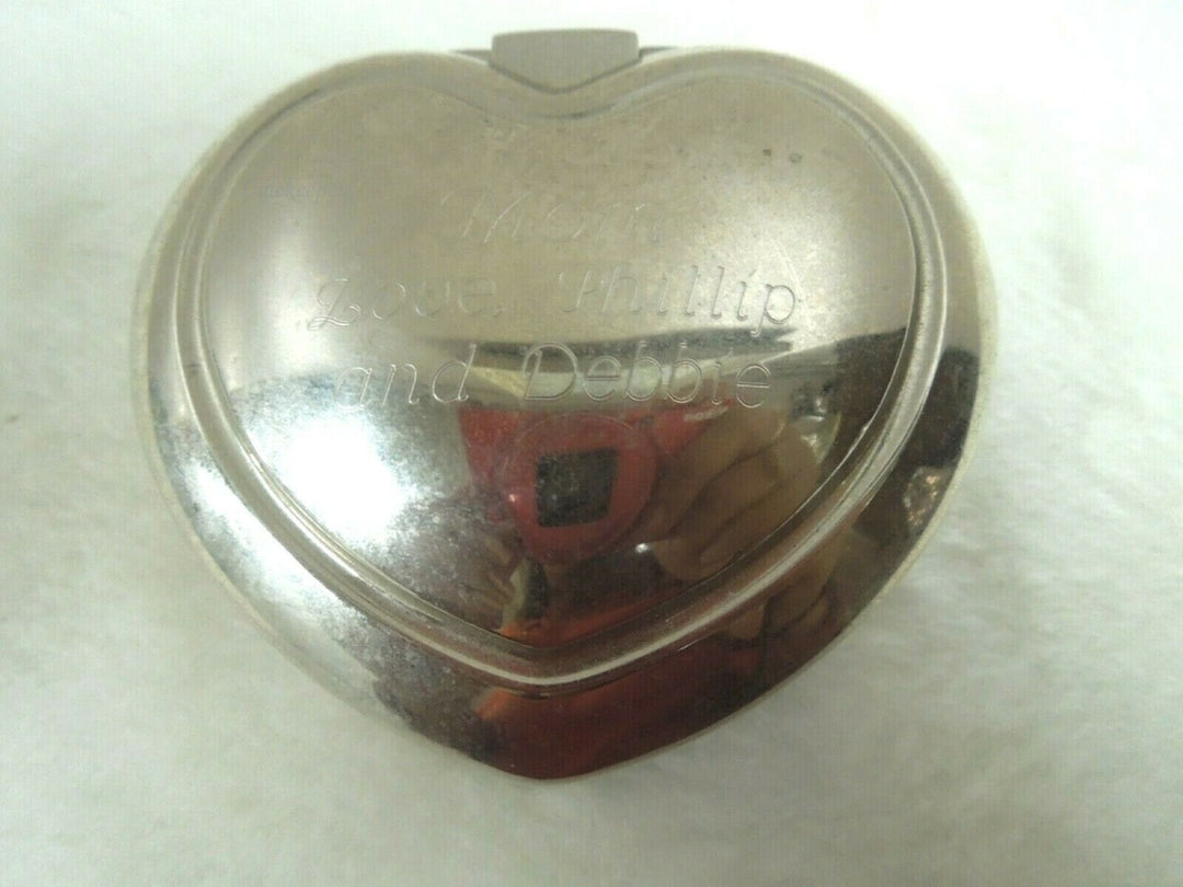 q860 Vintage Metal Jewelry Trinket Heart Box Dark Blue Velvet Lining Silver Tone Engraved Name