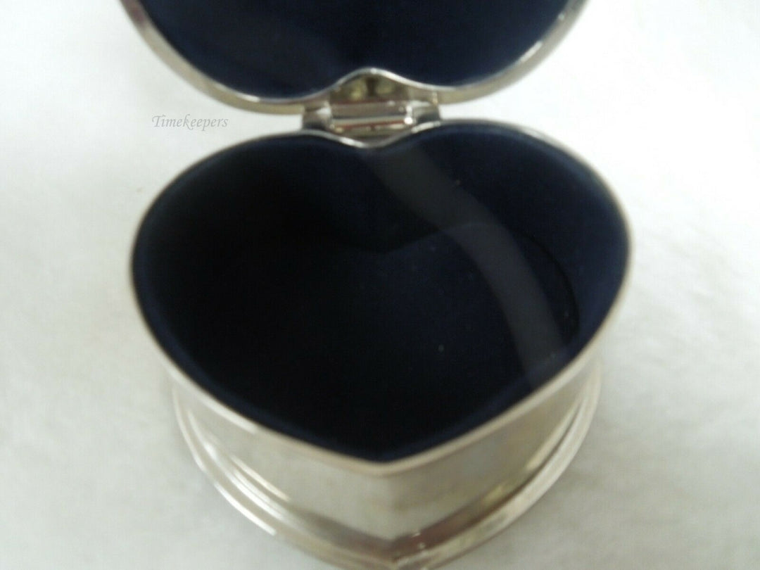 q860 Vintage Metal Jewelry Trinket Heart Box Dark Blue Velvet Lining Silver Tone Engraved Name