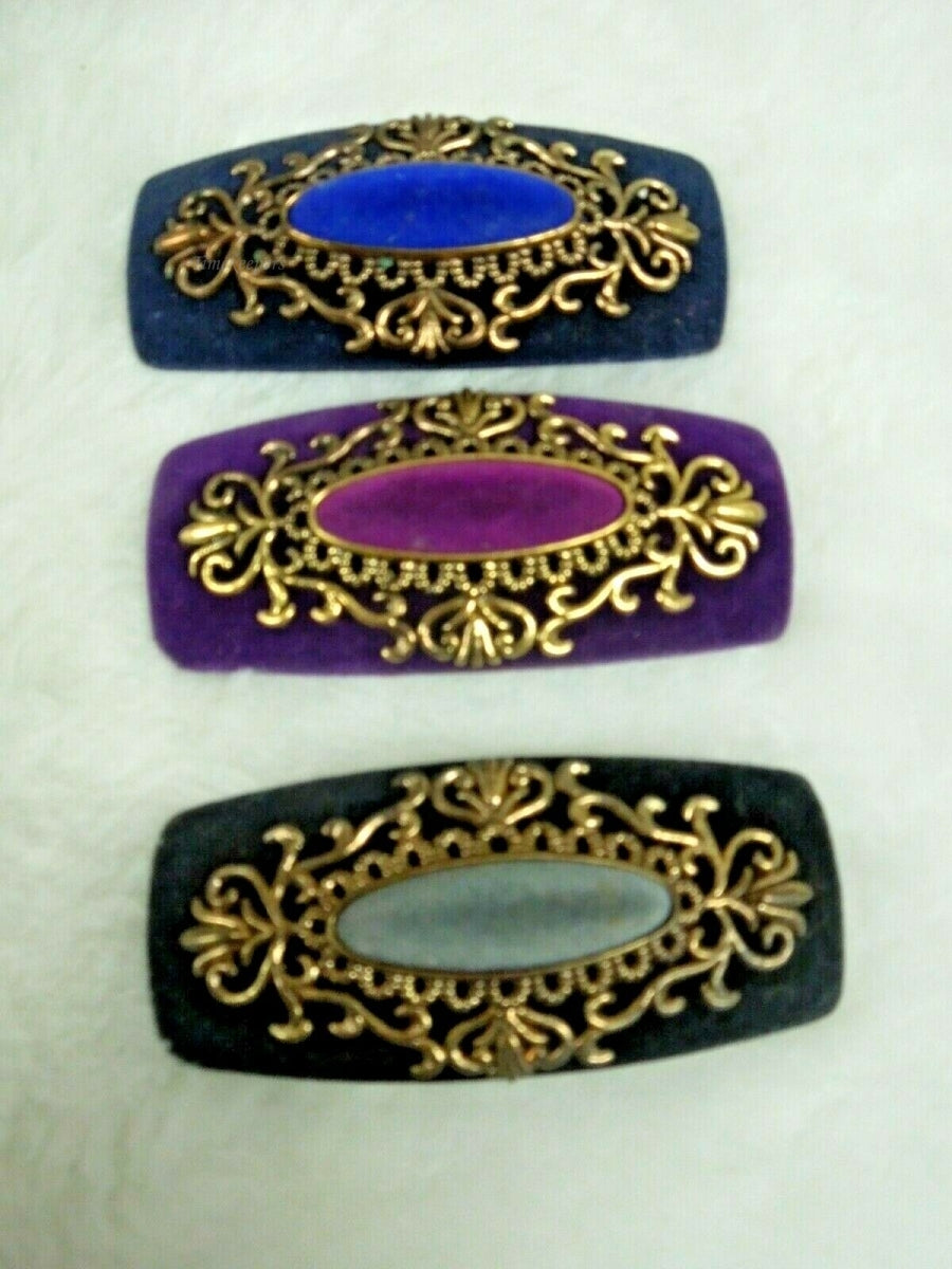 q878 Set of 3 Vintage Pretty Design Blue Purple Black Hair Clips Barrettes