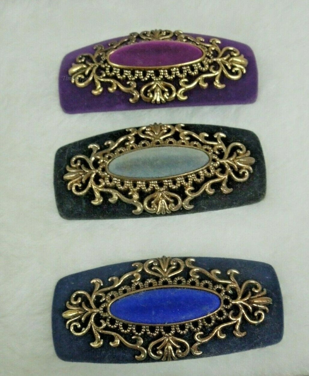 q878 Set of 3 Vintage Pretty Design Blue Purple Black Hair Clips Barrettes