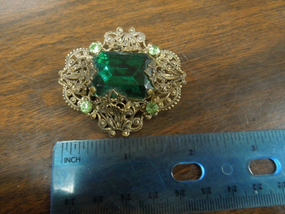q939 Antique Art Nouveau Green Glass Filigree Sash Pin Brooch
