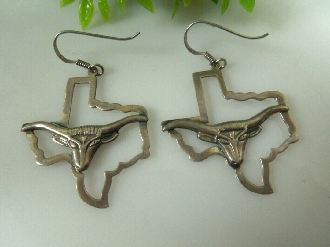r027 Vintage Sterling Silver Long Horn Cattle Head Dangle and Drop Earrings