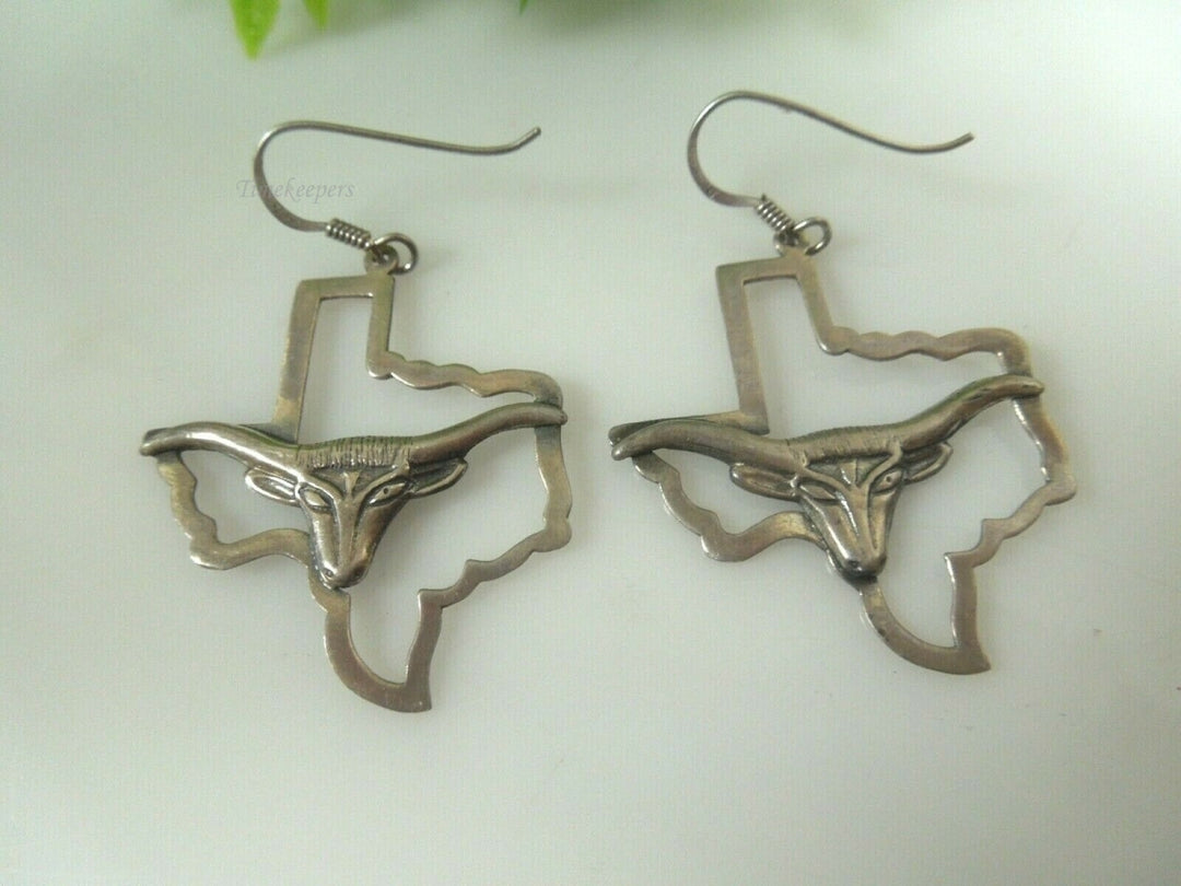 r027 Vintage Sterling Silver Long Horn Cattle Head Dangle and Drop Earrings