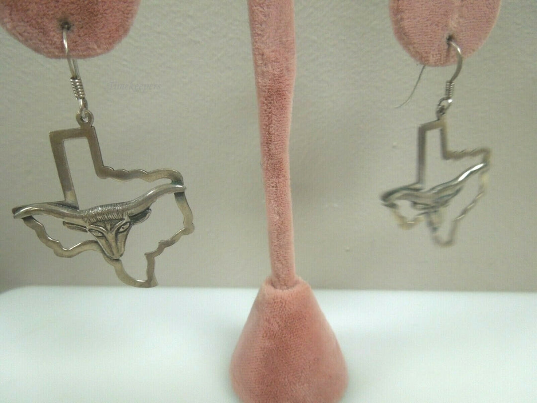 r027 Vintage Sterling Silver Long Horn Cattle Head Dangle and Drop Earrings