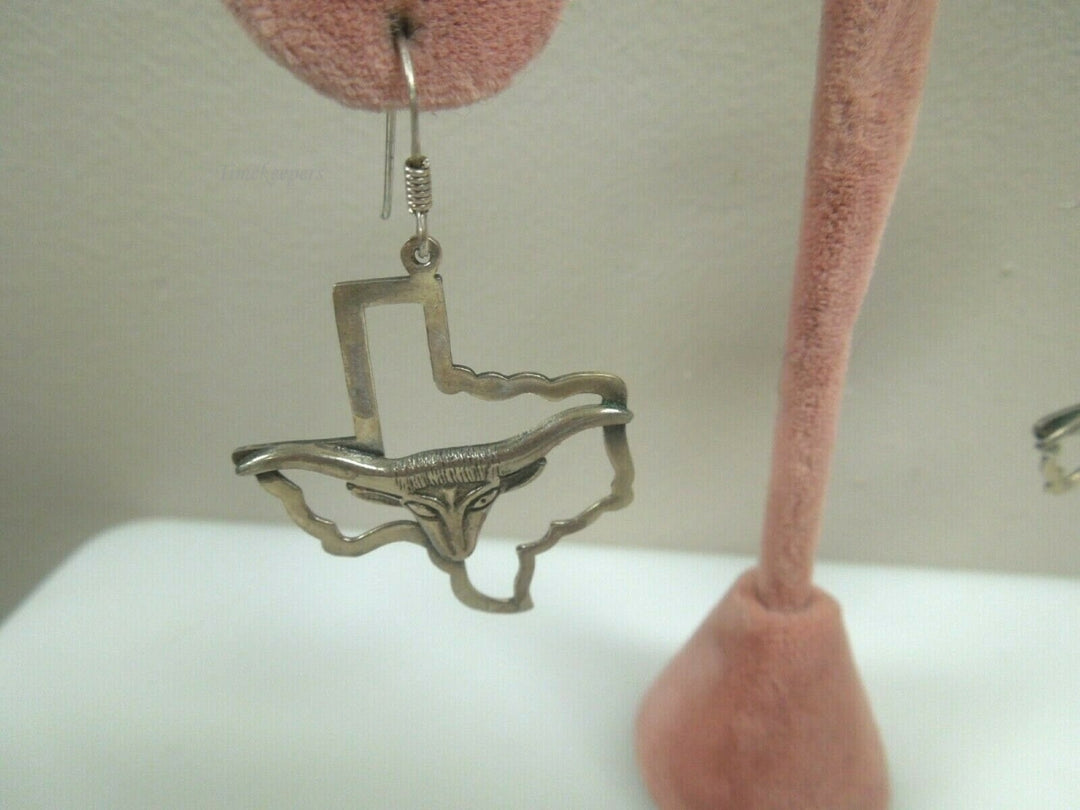 r027 Vintage Sterling Silver Long Horn Cattle Head Dangle and Drop Earrings