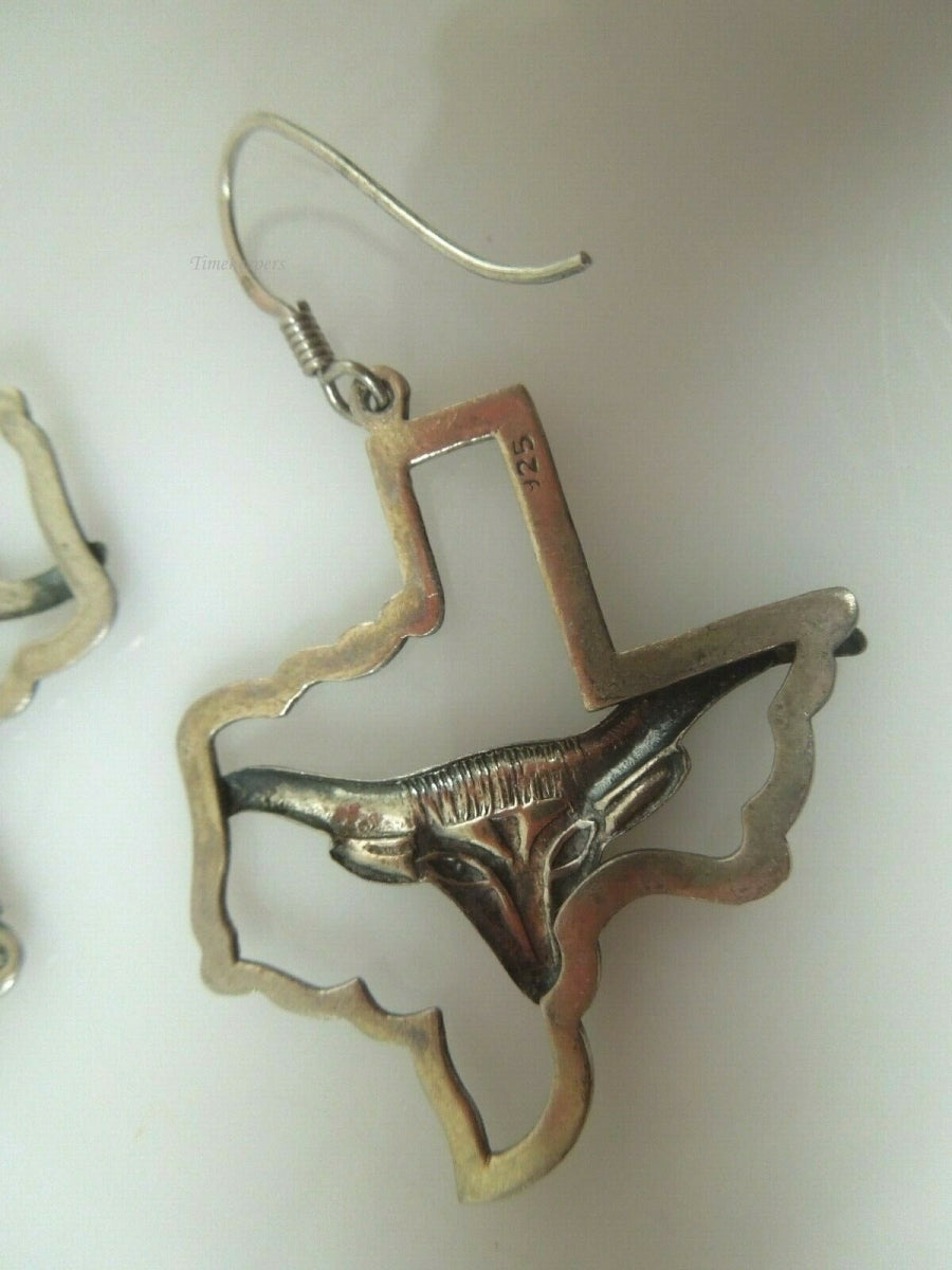 r027 Vintage Sterling Silver Long Horn Cattle Head Dangle and Drop Earrings