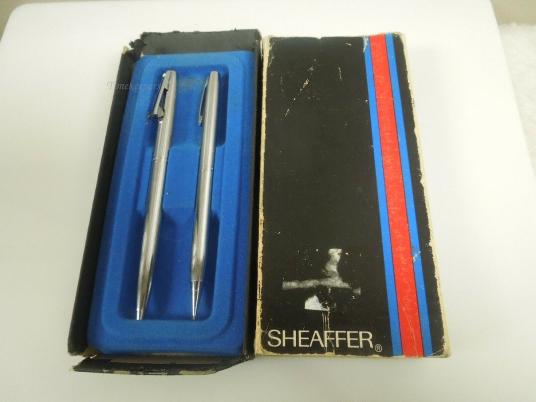 r045 Vintage Sheaffer Silver Tone Ballpoint Pen & Pencil Set Original Box Blue Ink