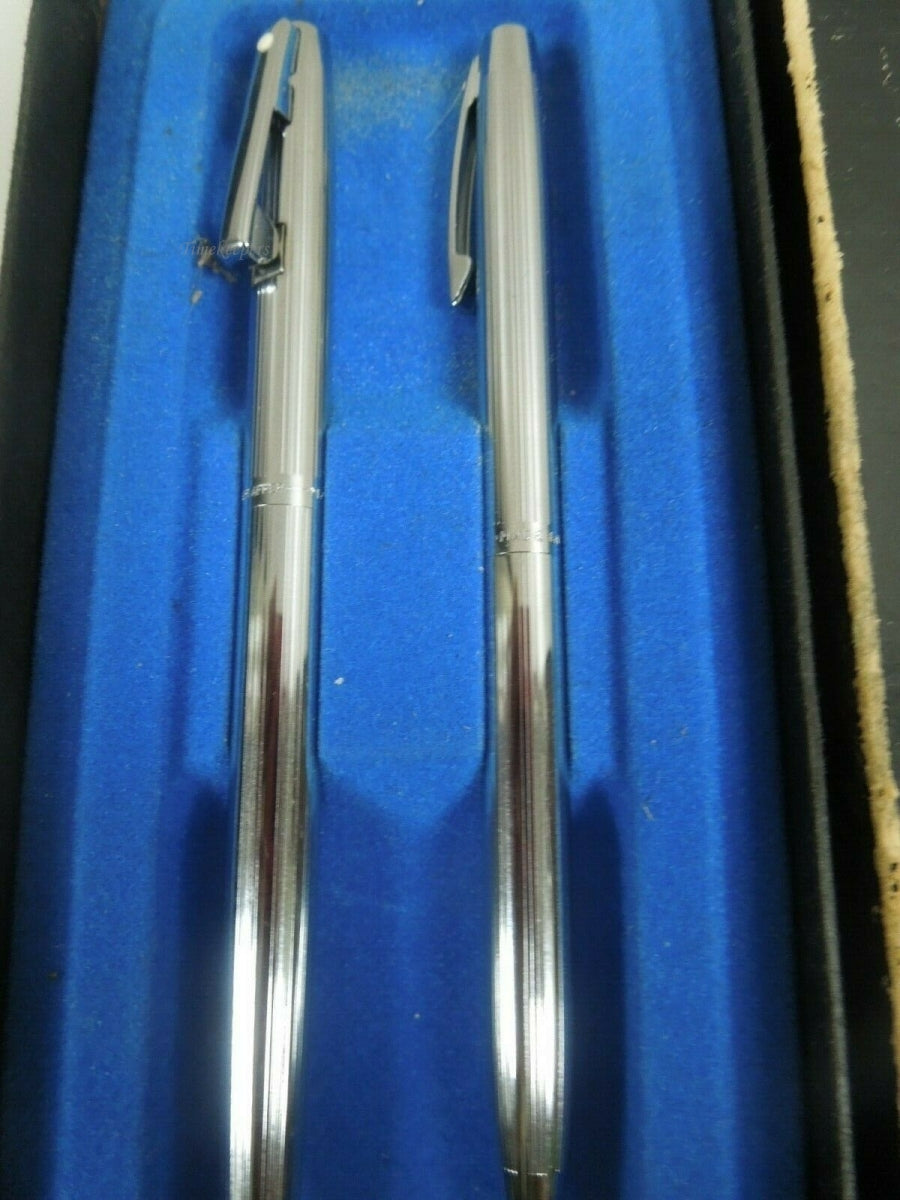 r045 Vintage Sheaffer Silver Tone Ballpoint Pen & Pencil Set Original Box Blue Ink