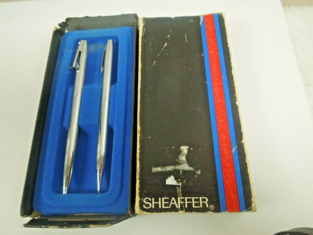 r045 Vintage Sheaffer Silver Tone Ballpoint Pen & Pencil Set Original Box Blue Ink