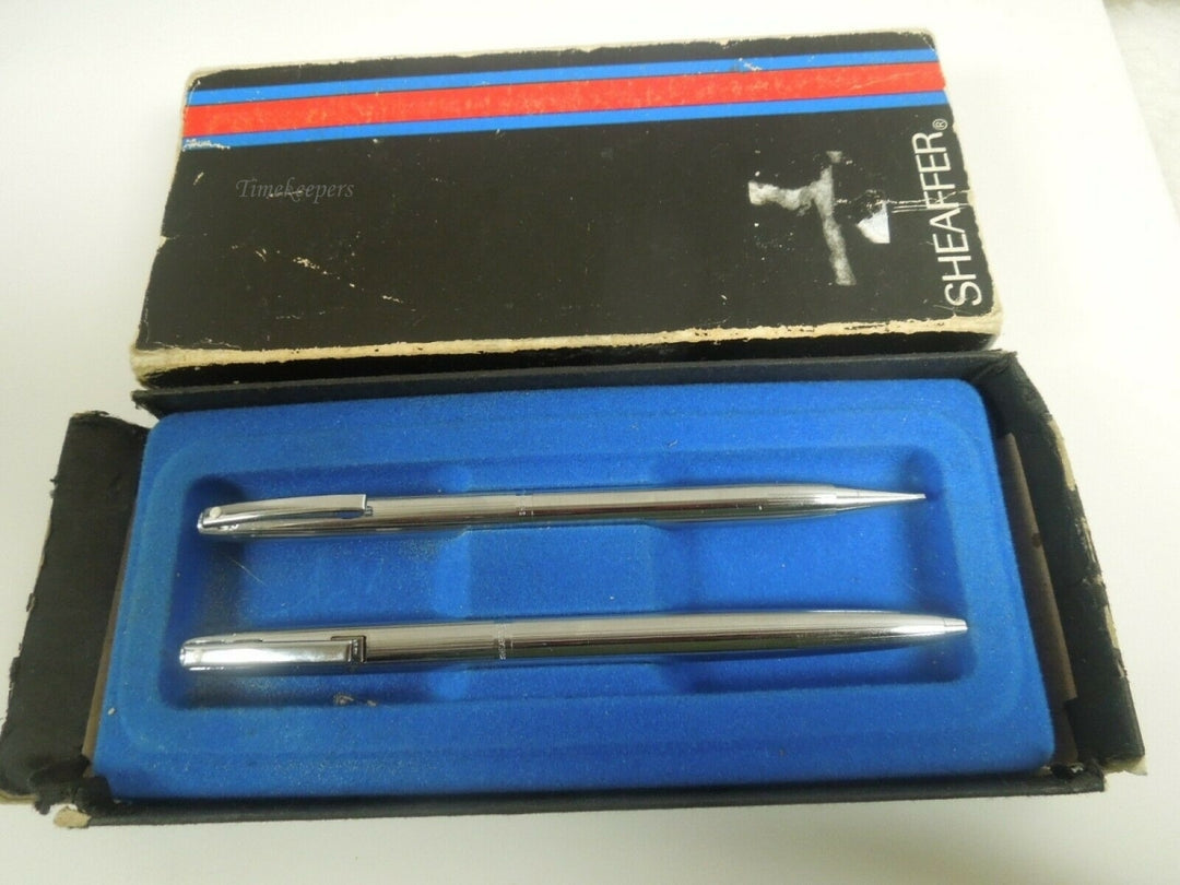 r045 Vintage Sheaffer Silver Tone Ballpoint Pen & Pencil Set Original Box Blue Ink