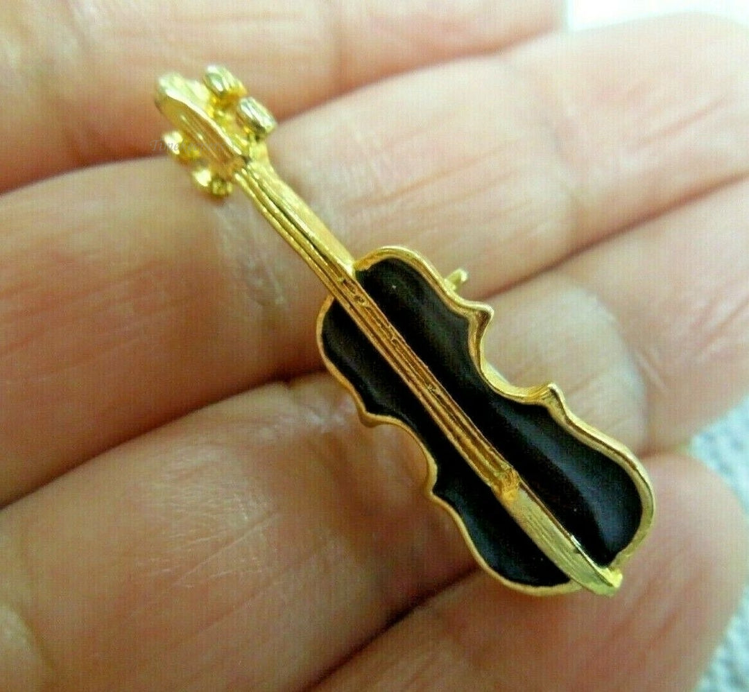 r075 Gold Tone Black Enamel Cello Pin Brooch Charm